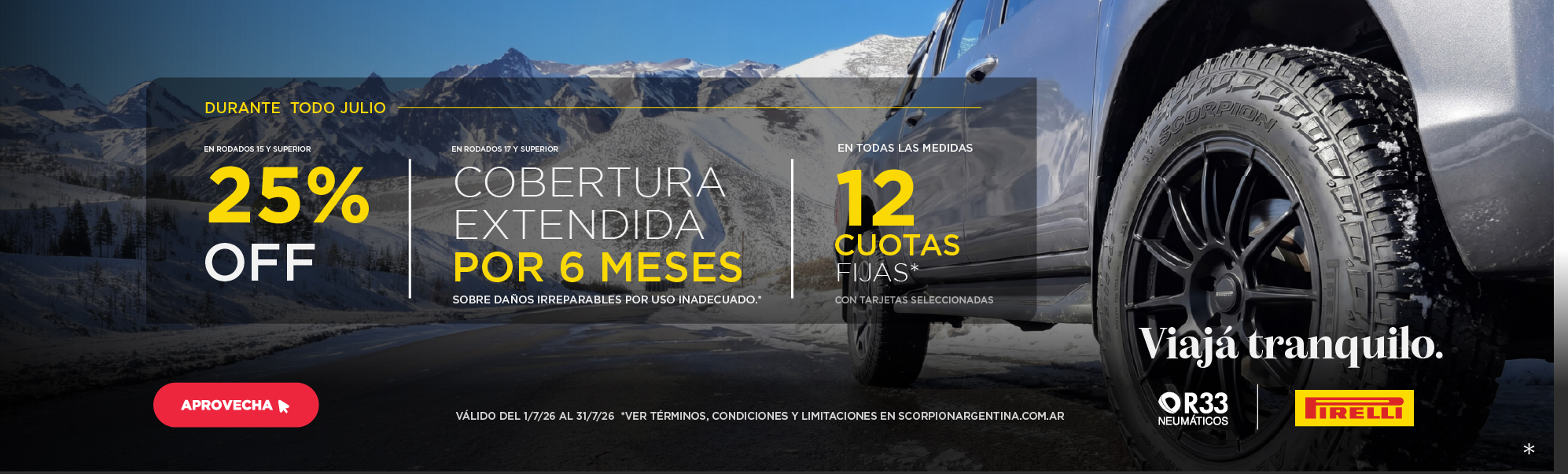 Promo Pirelli de julio con 25% de descuento en rodados 15 o superior, cobertura extendida por 6 meses y 12 cuotas fijas.